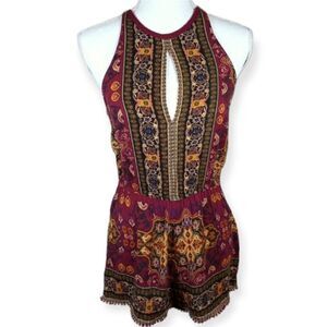 ME TO WE BOHO-INSPIRED PINK, GOLD, & PURPLE KEYHOLE ROMPER SZ.XS EUC